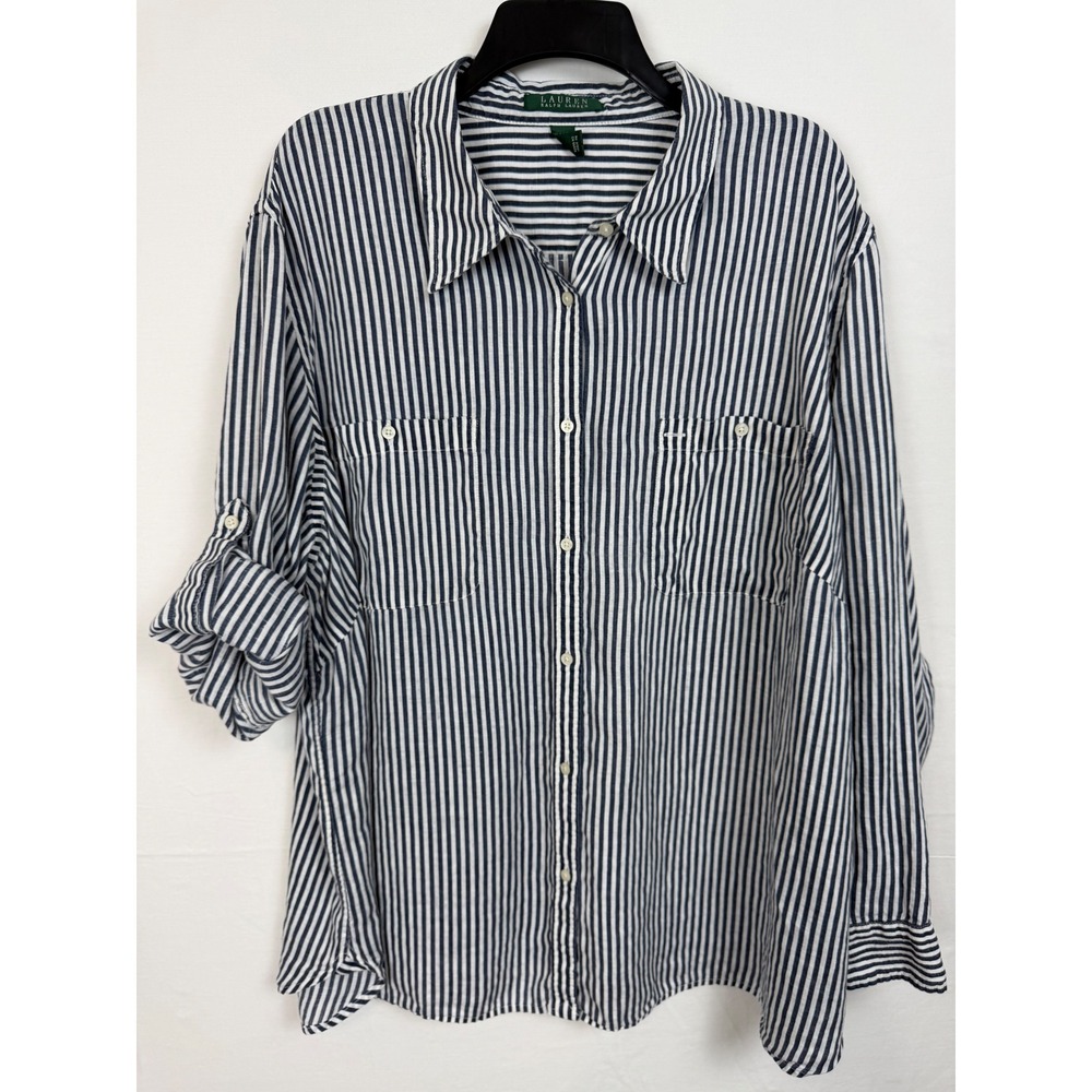 Lauren Ralph Lauren Women 100% Linen Shirt 3X Blue Striped Roll Tab Sleeve